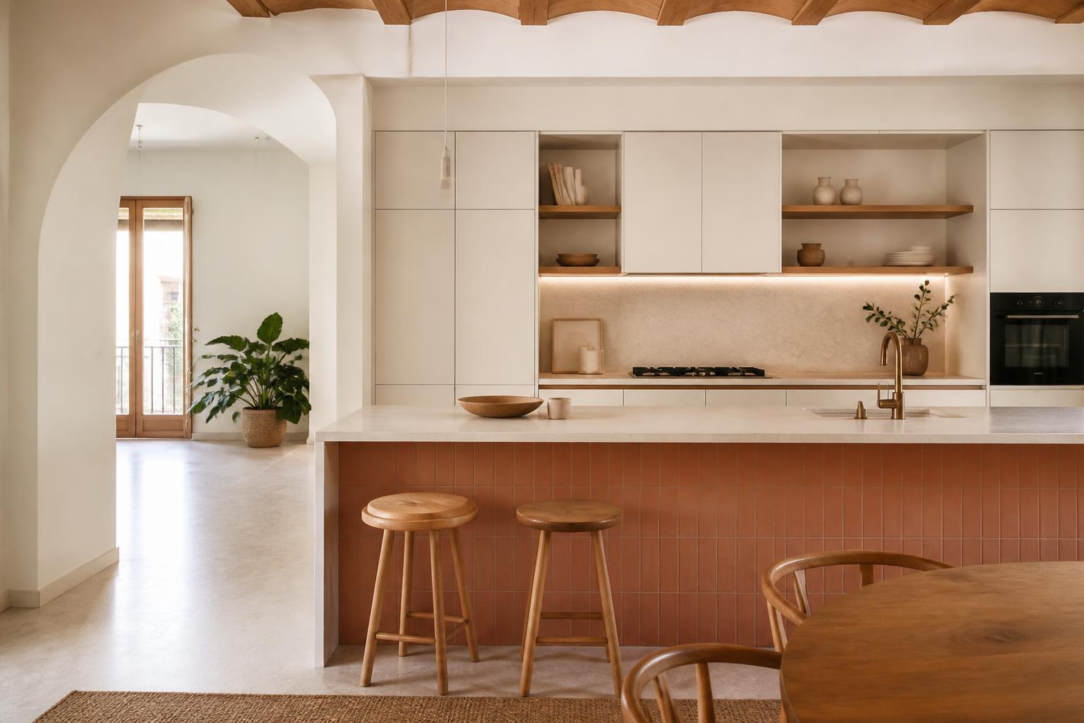 Cocina abierta con isla terracota
